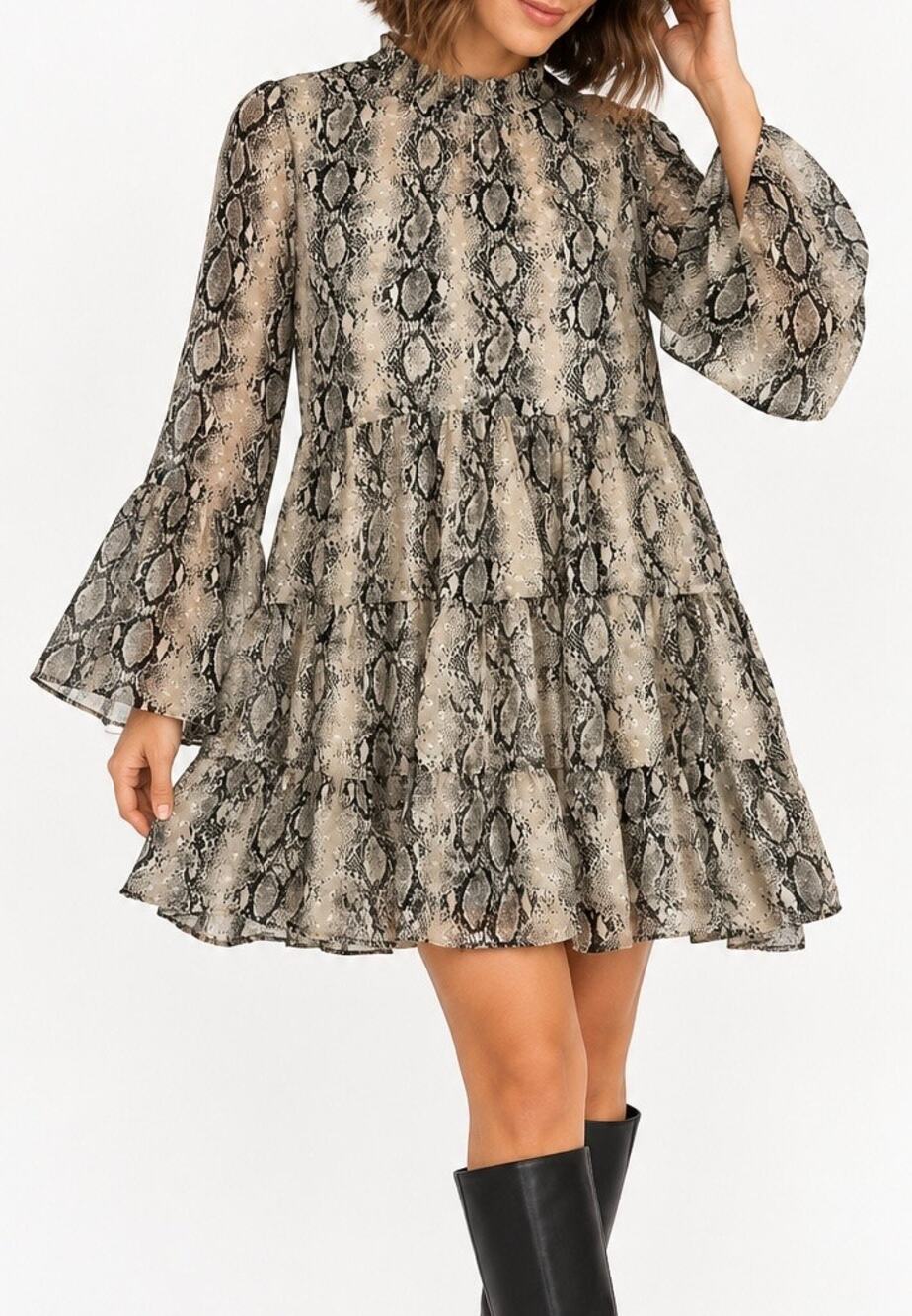 Altar'd State Snake Print Tiered Babydoll Mini Dress Size Medium